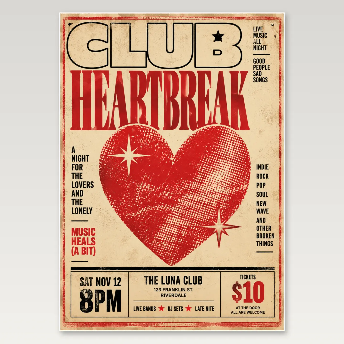 Club Heartbreak Ticket A4 Poster mockup