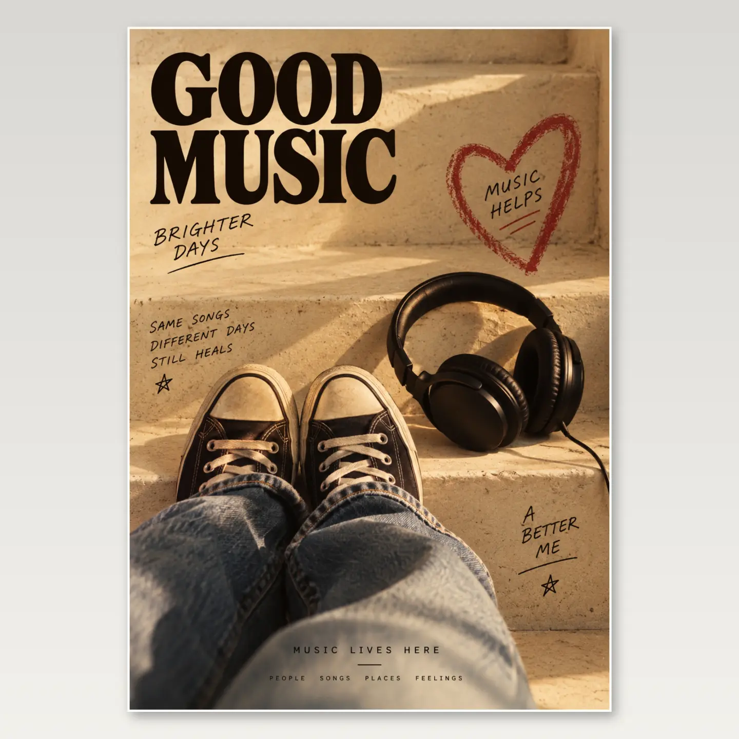 Vintage Headphones Staircase A4 Poster mockup