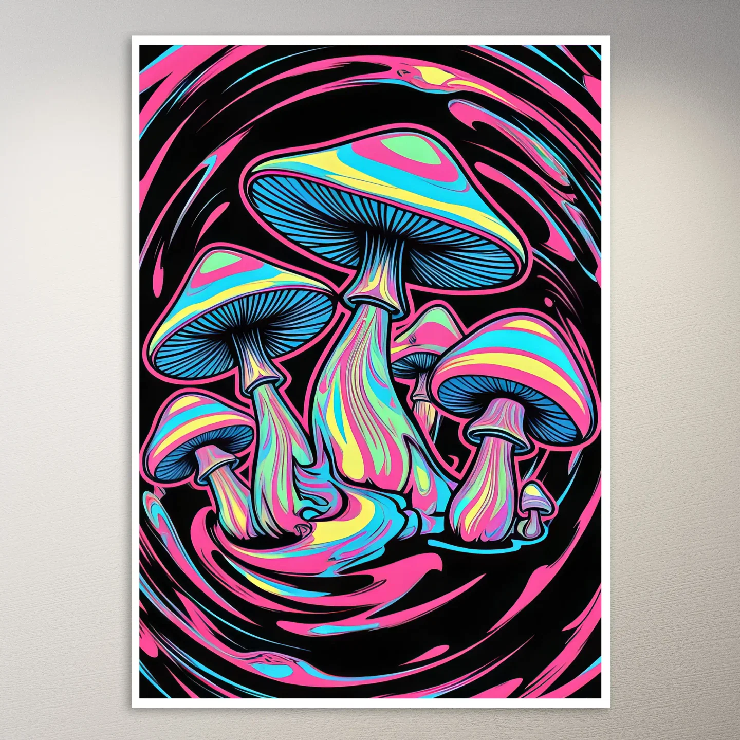 Psychedelic Mushrooms in Swirls Poster