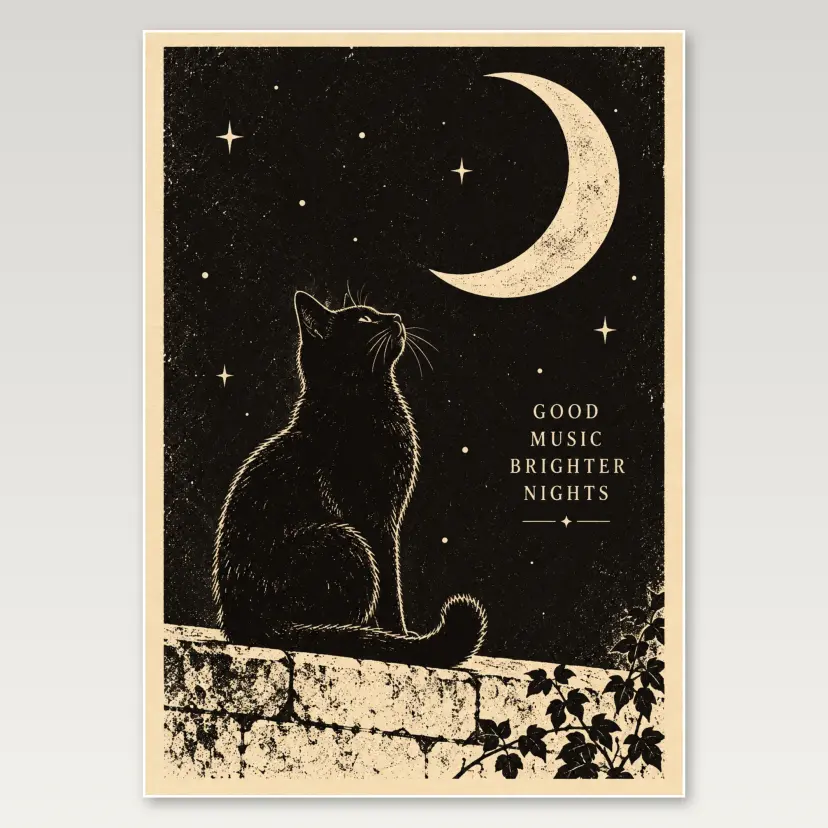 Black Cat Moon Card A4 Poster