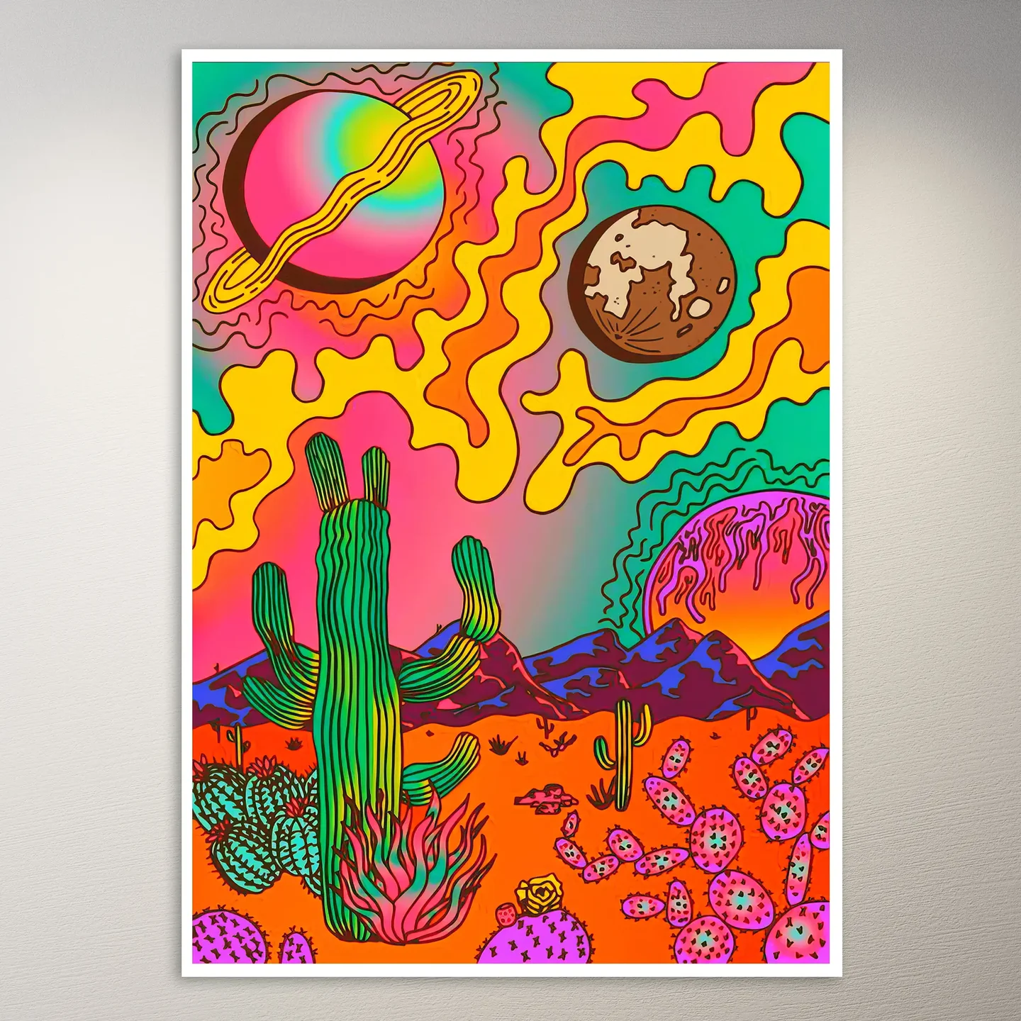 Psychedelic Desert Cactus Landscape Poster