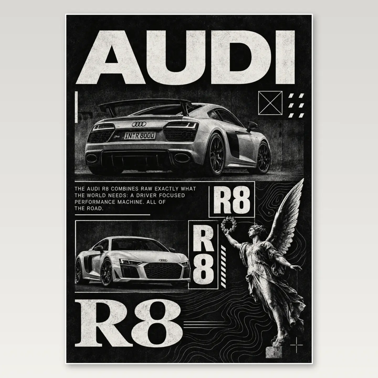Audi R8 Monochrome A4 Poster mockup