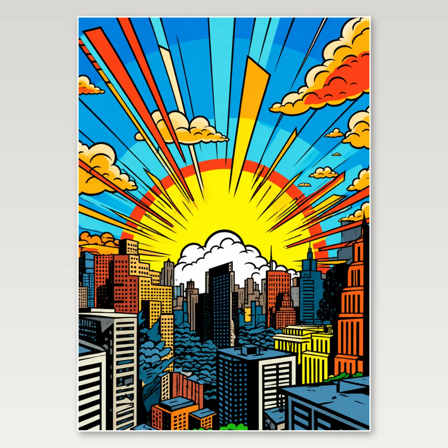 Comic City Sunrise A4 Poster mockup