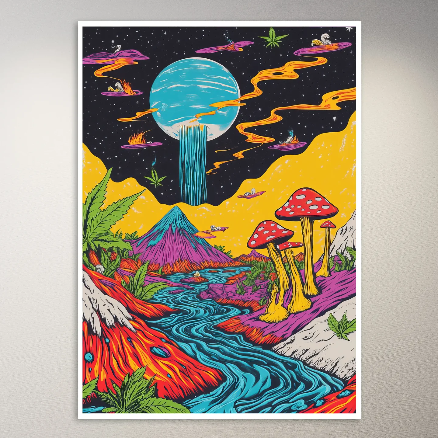Psychedelic Mushrooms and Cannabis Leaves Poster