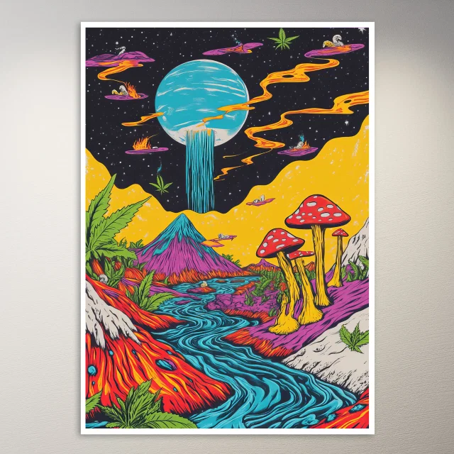 Psychedelic Mushrooms and Cannabis Leaves Poster