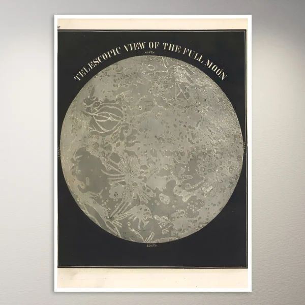 Telescopic view of the full Moon. Telescopic view of the Moon past the last quadrature. (1850) Astronomy Poster